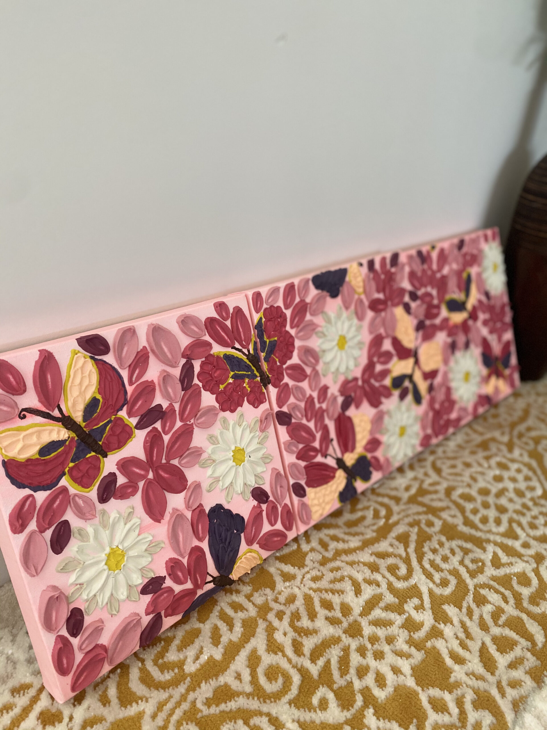 Butterflies in Star White Zinnia Pink Garden 3-piece art set