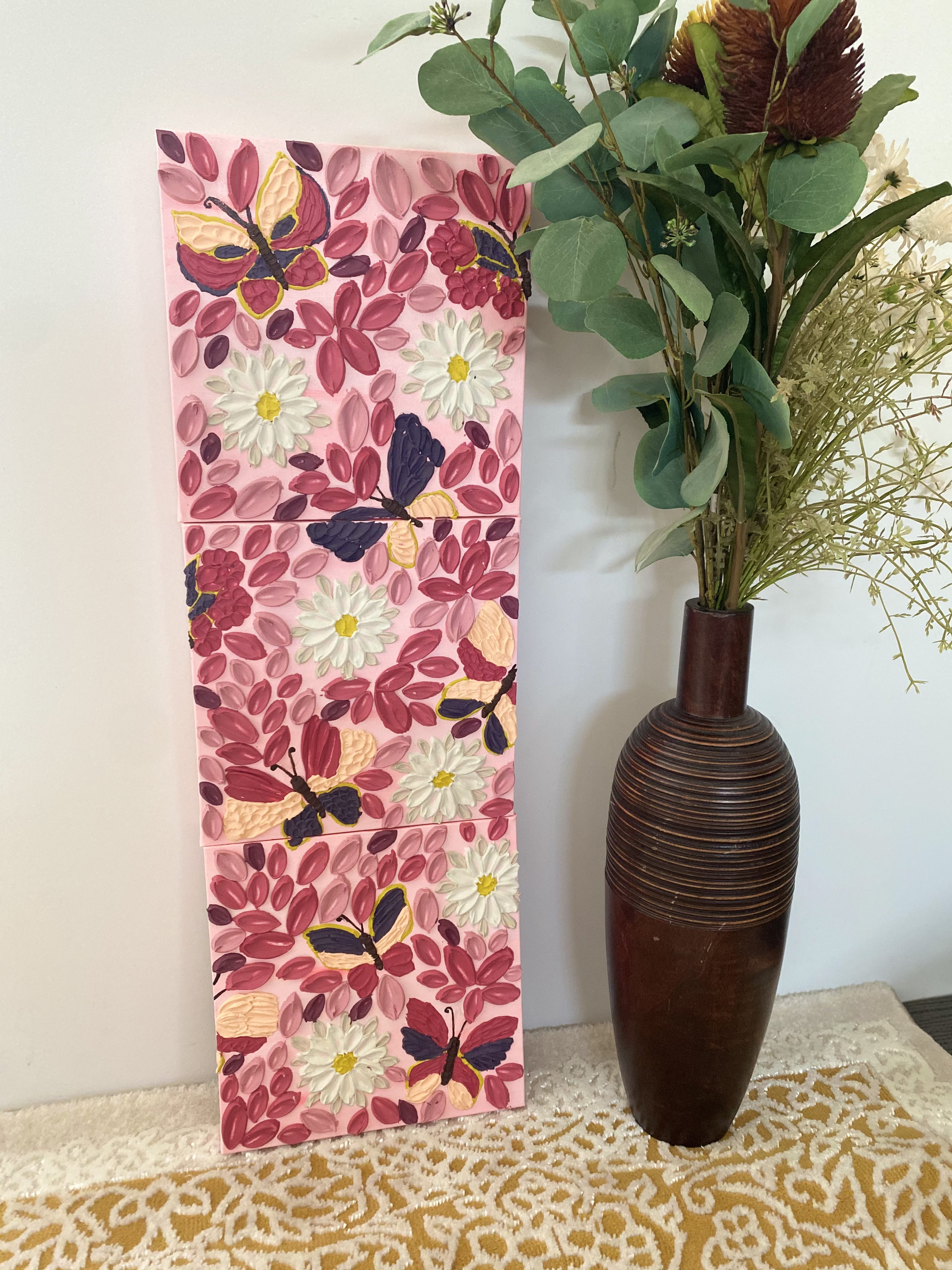 Butterflies in Star White Zinnia Pink Garden 3-piece wall art